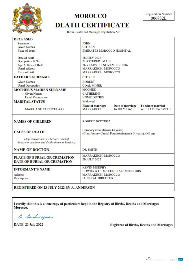 Download Morocco vital record death certificate Word and PDF template Photoshop template